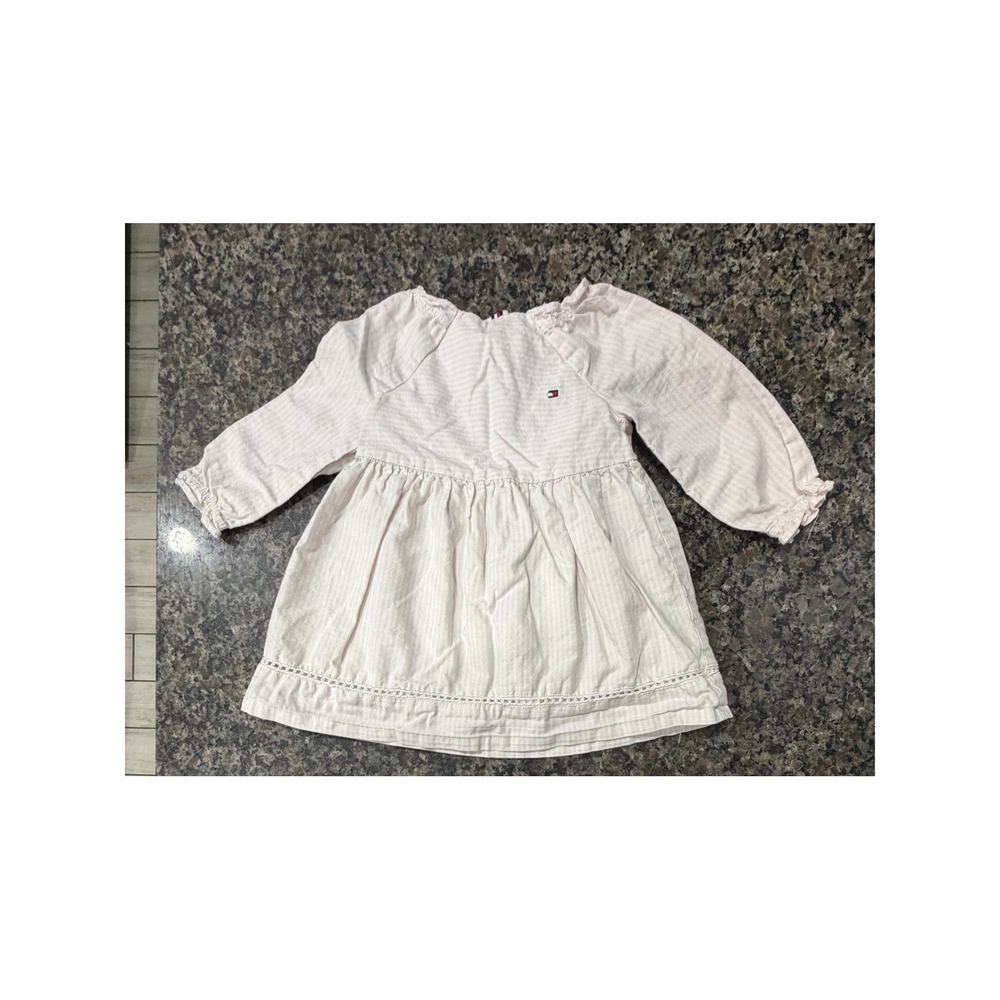 Tommy Hilfiger Baby Girl Pink Seersucker Stripe Eyelet Dress 12M Long Sleeve